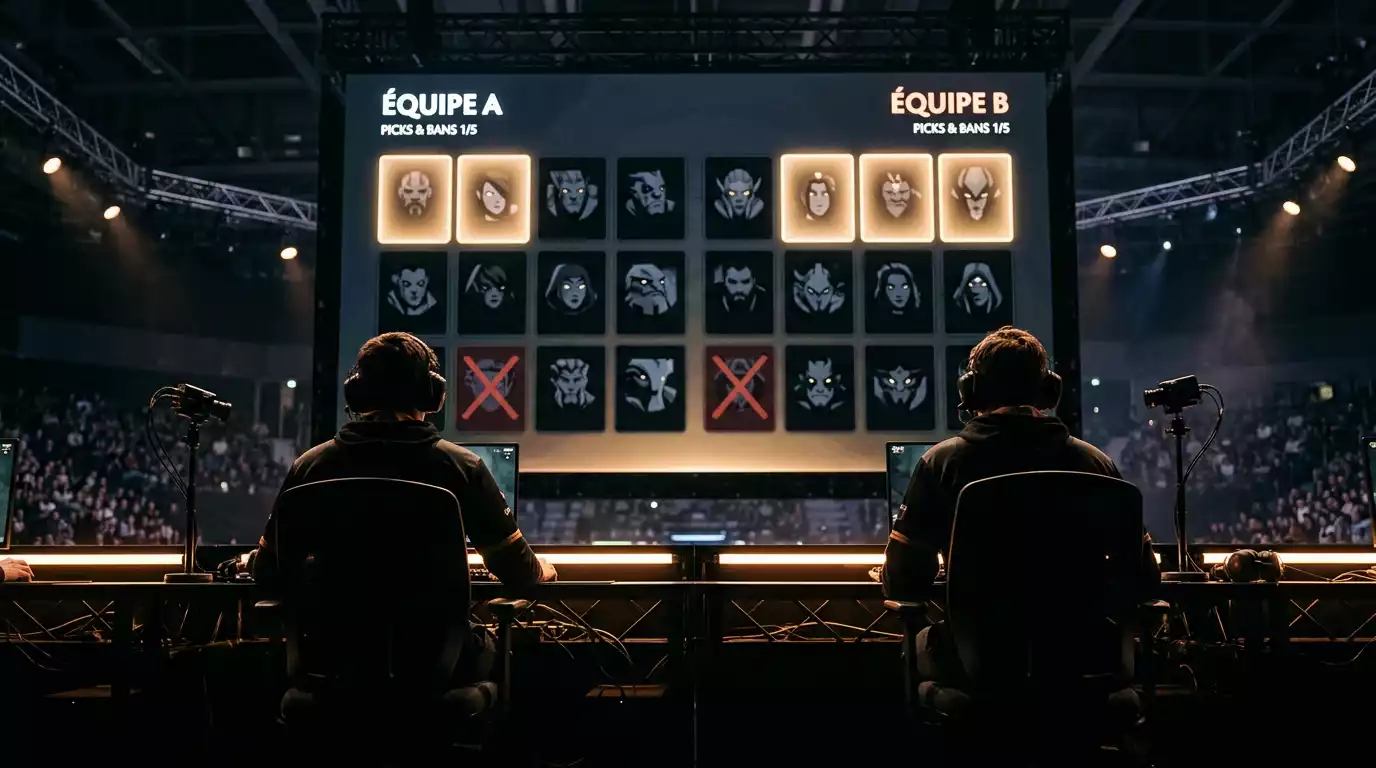 Fase de draft pick-ban en una partida profesional de Dota 2 en escenario esports