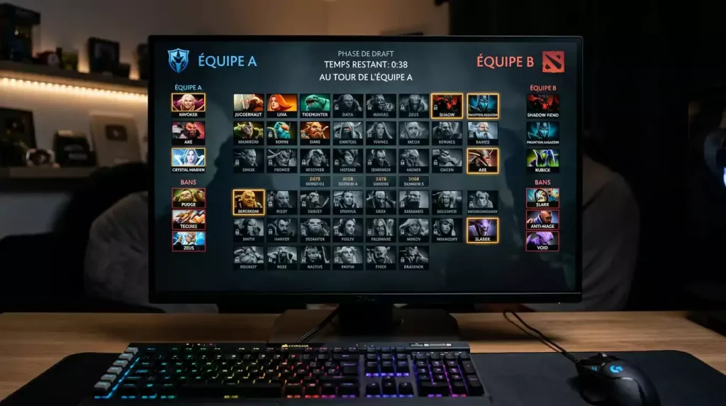Pantalla de pick-ban del draft profesional de Dota 2 en un torneo