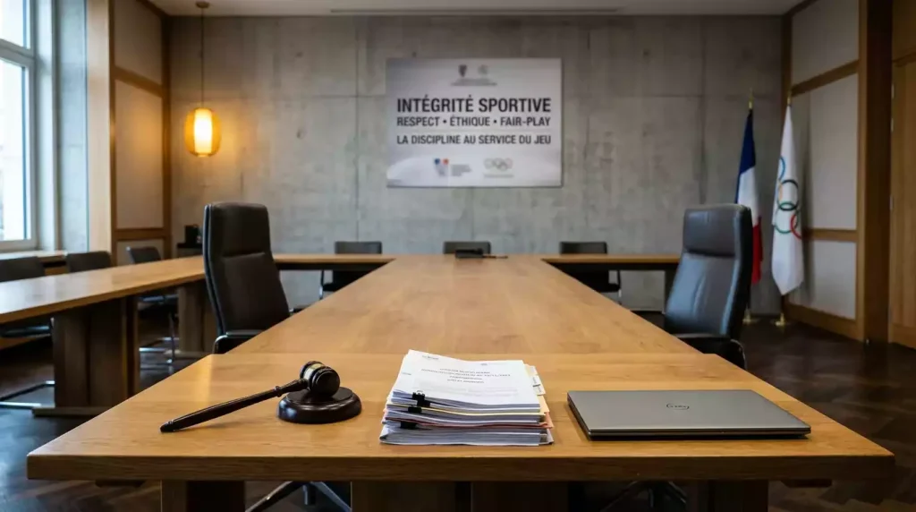 Sala de audiencia disciplinaria de esports con gavel y documentos sobre la mesa