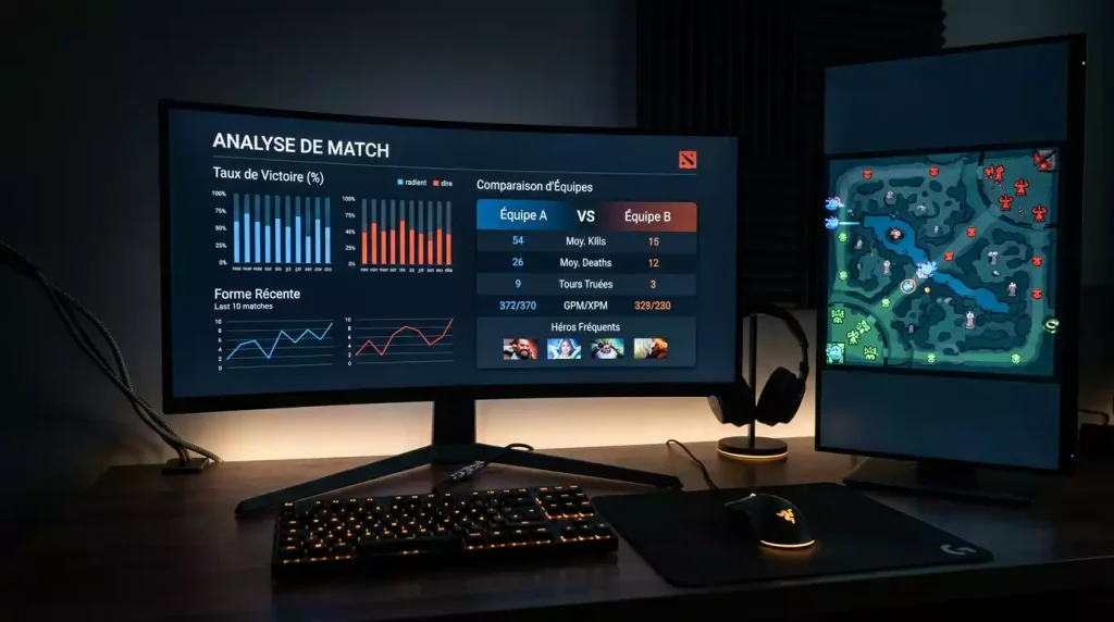 Panel de estadísticas de equipo profesional de Dota 2 en pantalla de análisis