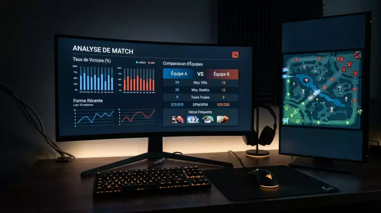 Panel de estadísticas de equipo profesional de Dota 2 en pantalla de análisis