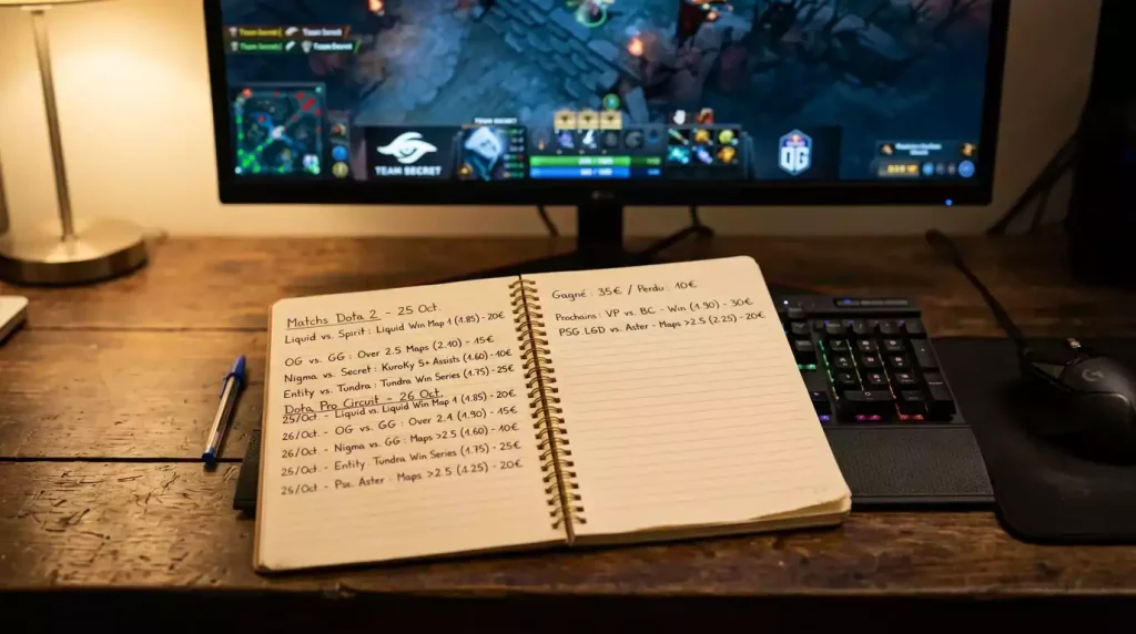 Libreta de registro de apuestas junto a monitor con partida de Dota 2