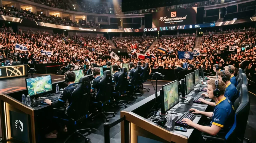 Escenario profesional de un major de Dota 2 con equipos sobre el escenario