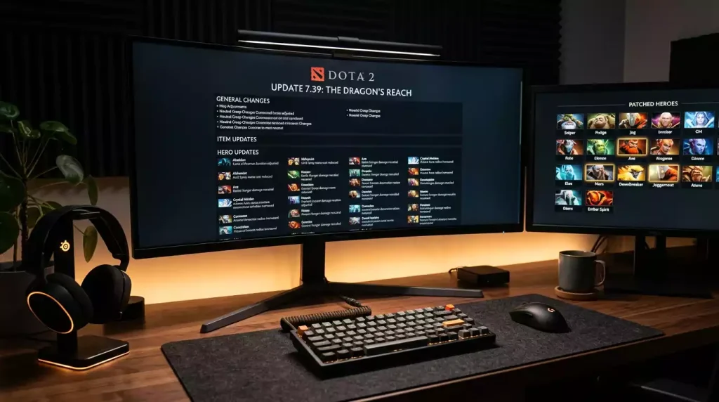 Pantalla de notas del parche 7.39 de Dota 2 con lista de héroes modificados