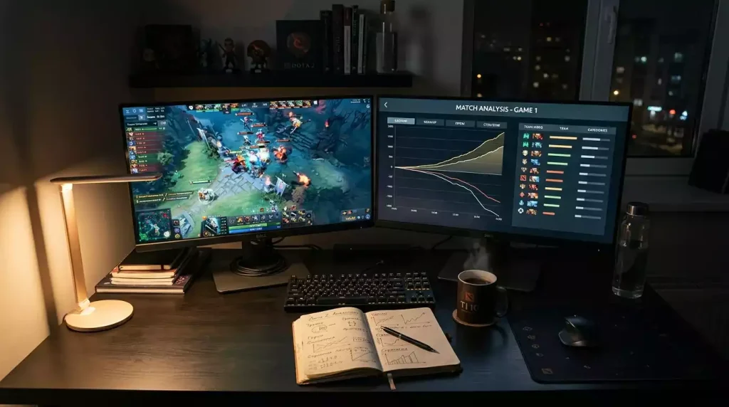 Puesto de trabajo de analista de apuestas de Dota 2 con monitores y cuotas en pantalla