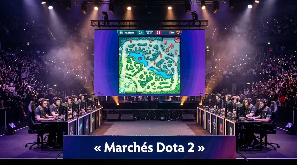 Panel de mercados de apuestas en Dota 2 con moneyline, hándicap de mapas y totales de kills